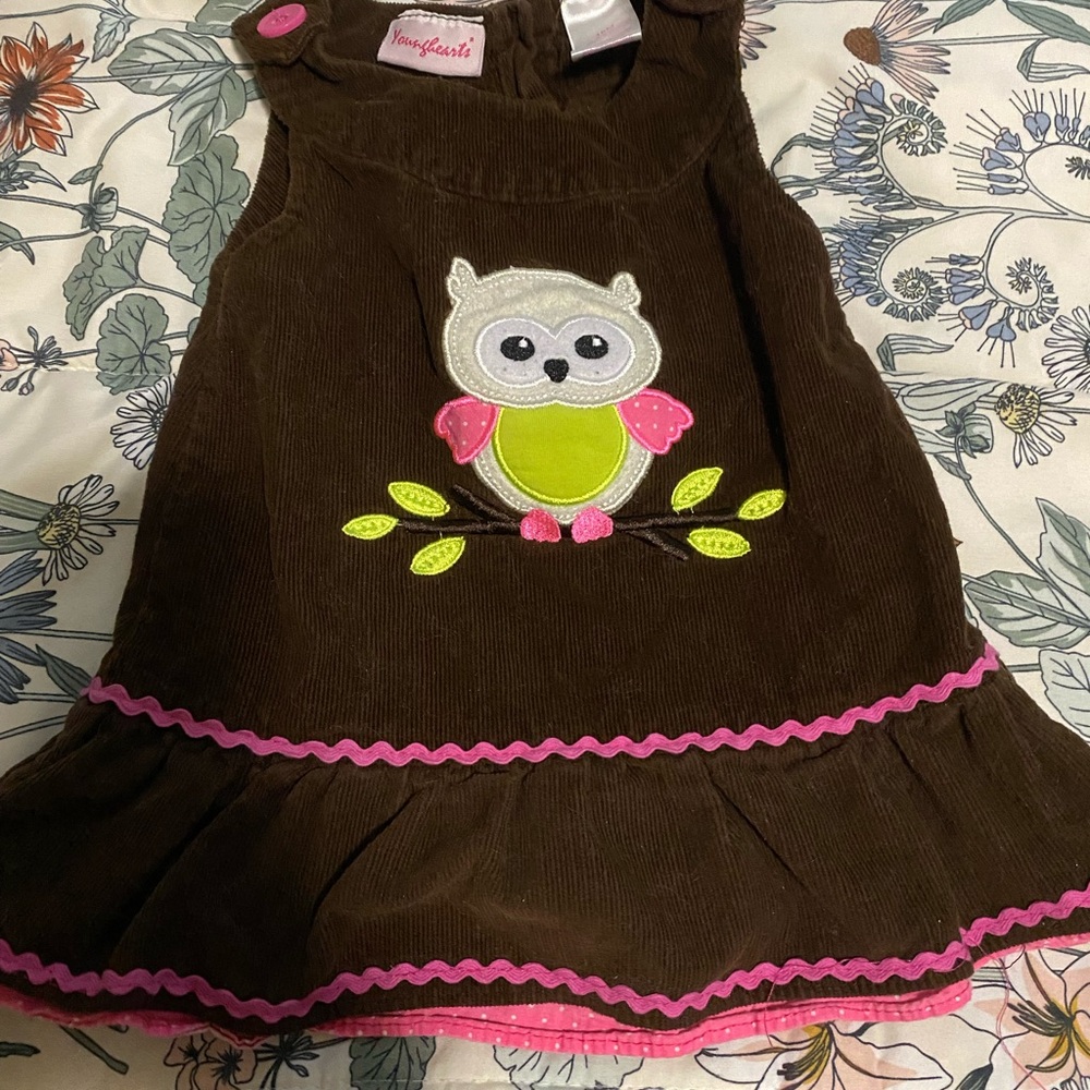 Vintage Younghearts Brown Corduroy Dress with Embroidered Owl Design
